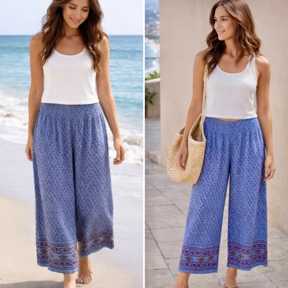 Yak & Yeti Boho Wide Leg Palazzo Pants Blue Floral Summer Pull On Sz L 💚🎀